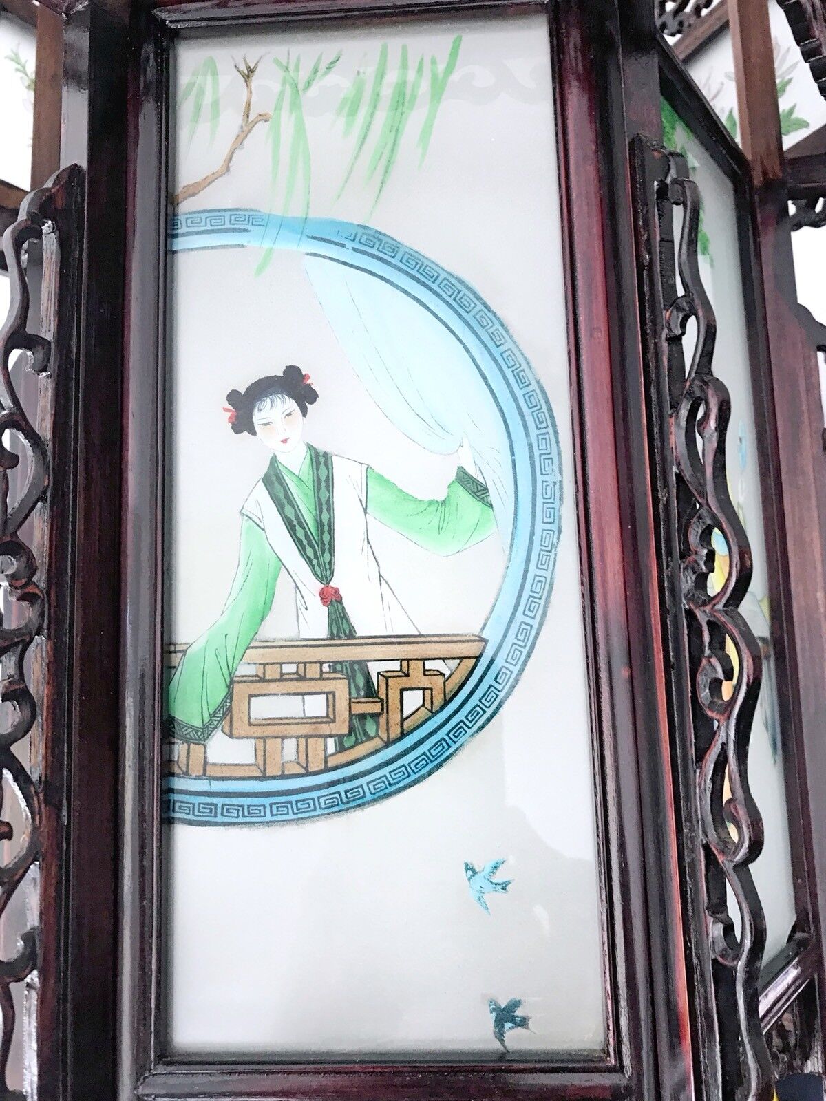 Rare Antique Chinese Zitan Hardwood Reverse Painted Glass Paneled Carved Lantern Без бренда - фотография #9