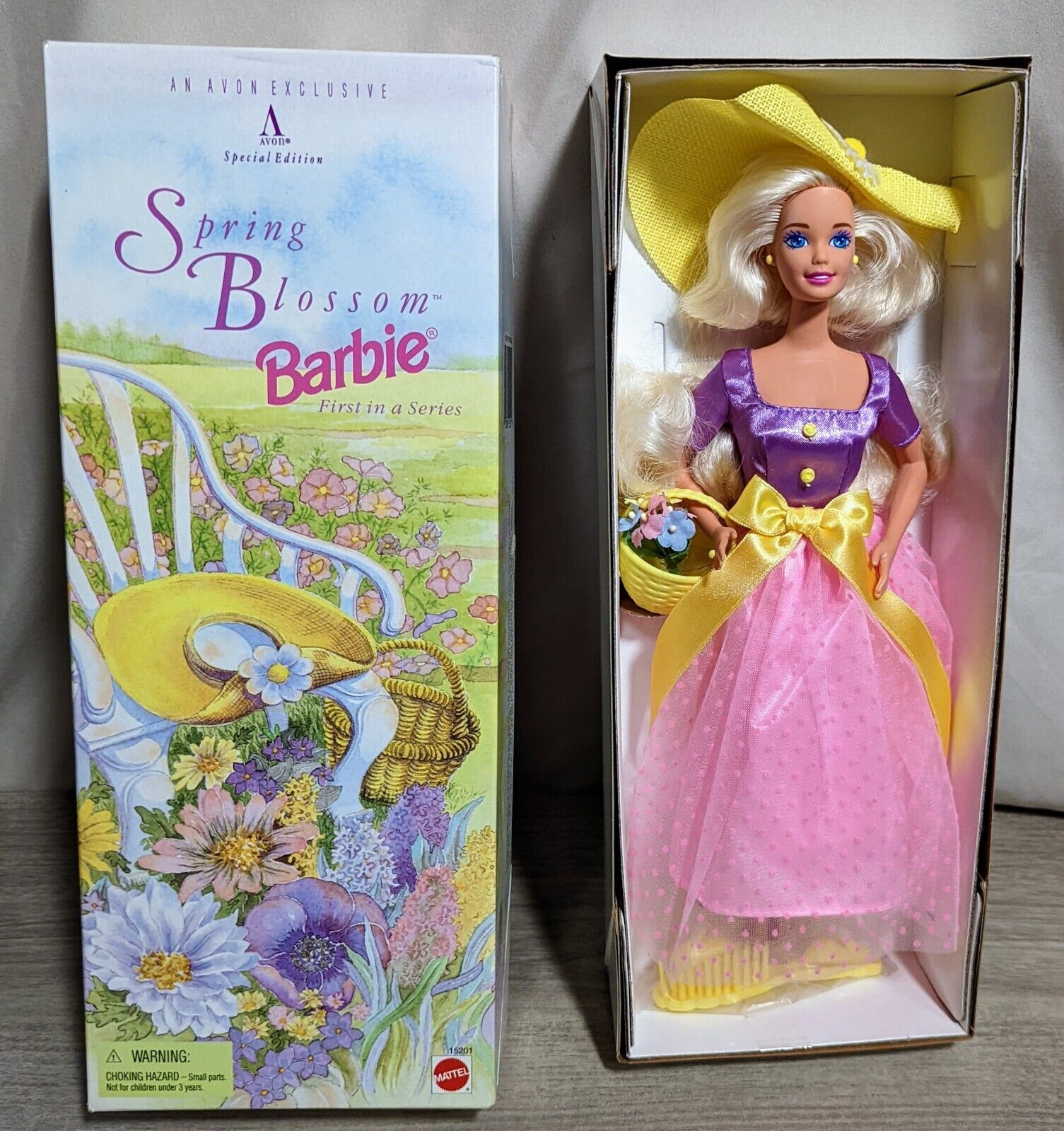 1995 Avon's Mattel Exclusive Spring Blossom Blonde Barbie Flower Basket NRFB RF Avon