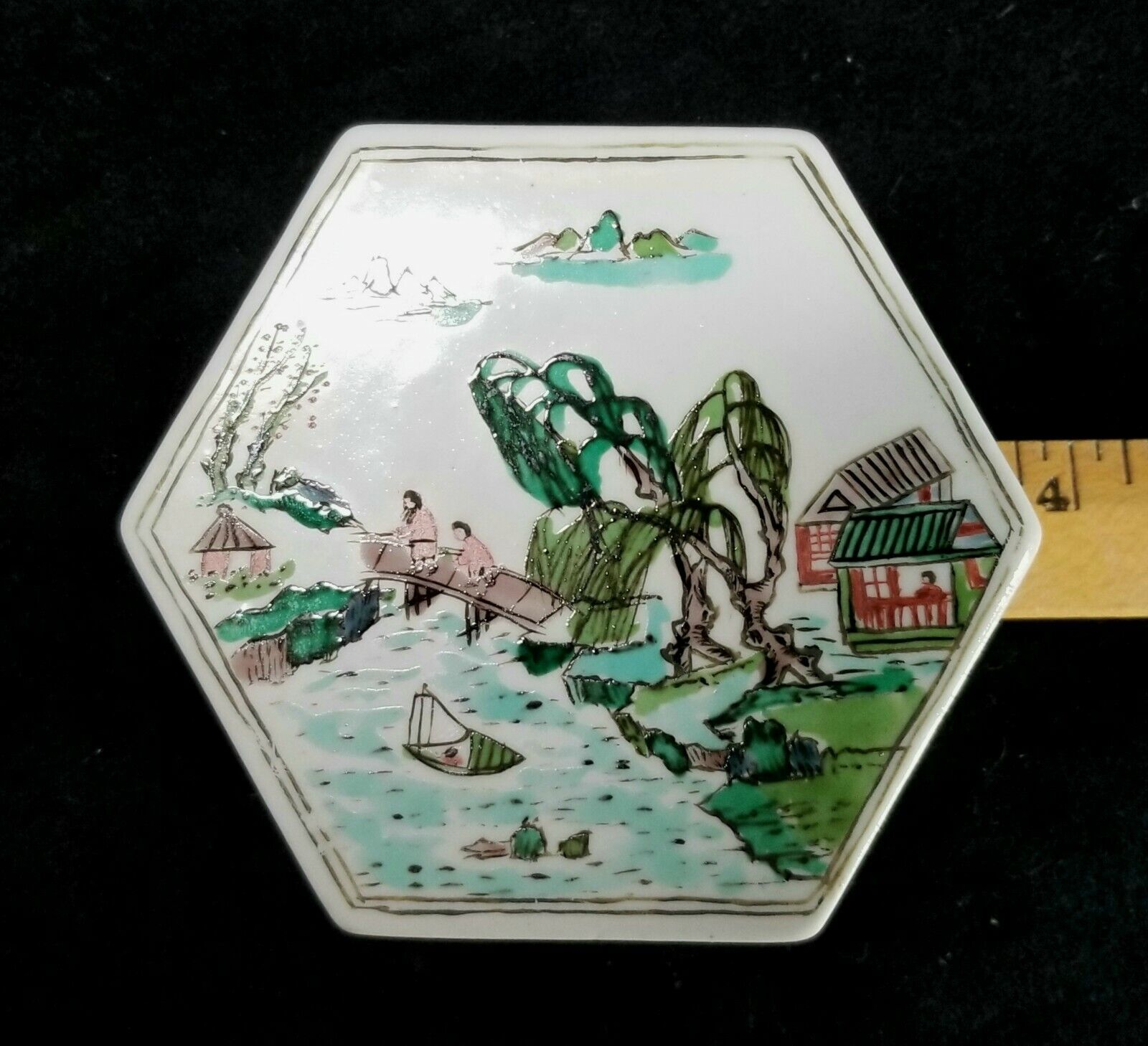 Antique Hand Painted River Scene On Hexagonal Porcelain Trinket Box China EXC Без бренда - фотография #10