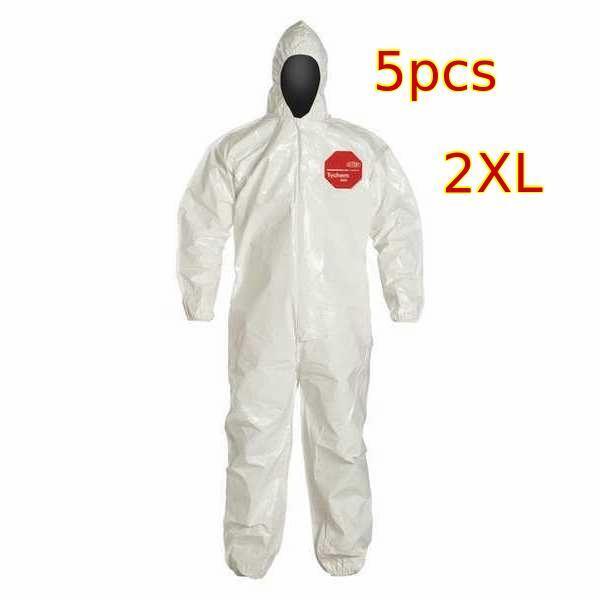 5-Pack, Hooded Chemical Resistant Coveralls, Zipper, Dupon Tychem sl 4000 Dupont SL127BWH2X001200