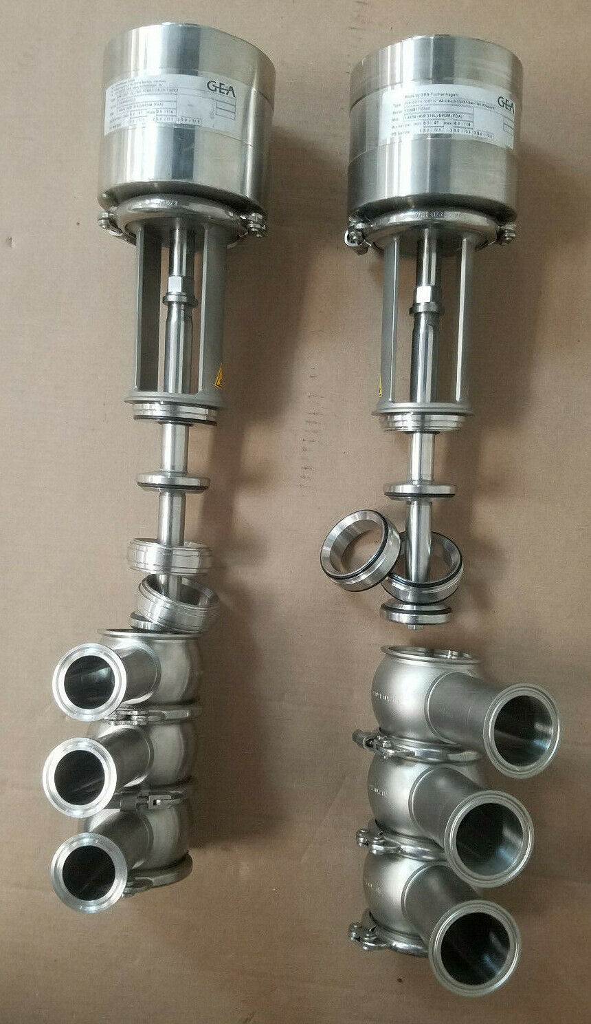 2 GEA TUCHENHAGEN STAINLESS STEEL 3 PORT VALVES 2 INCH AND 1 1/2 INCH TRI CLAMP GEA Does Not Apply