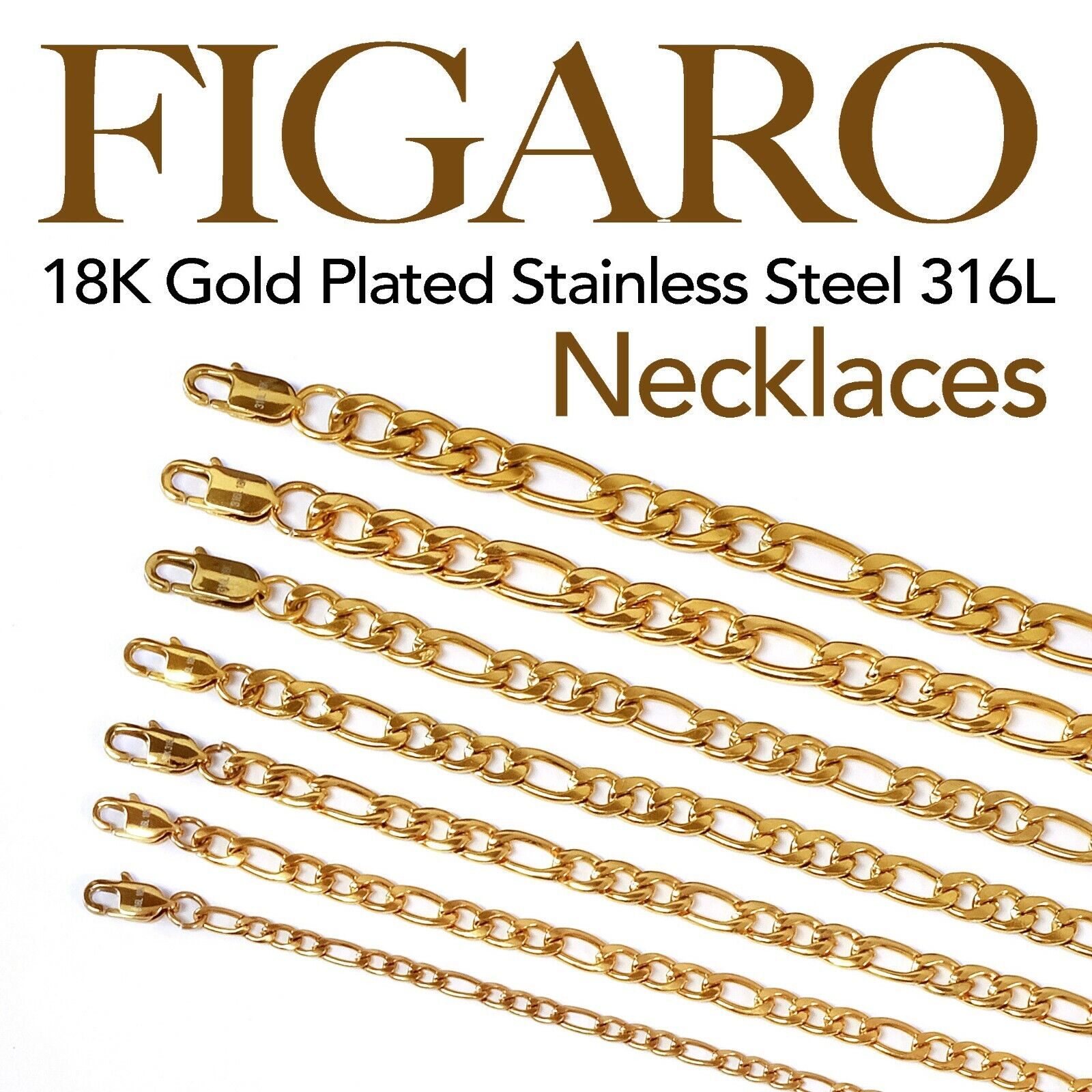Figaro 18K Gold Plated Stainless Steel Link Chain Necklace Man Woman 14in-48in Unbranded