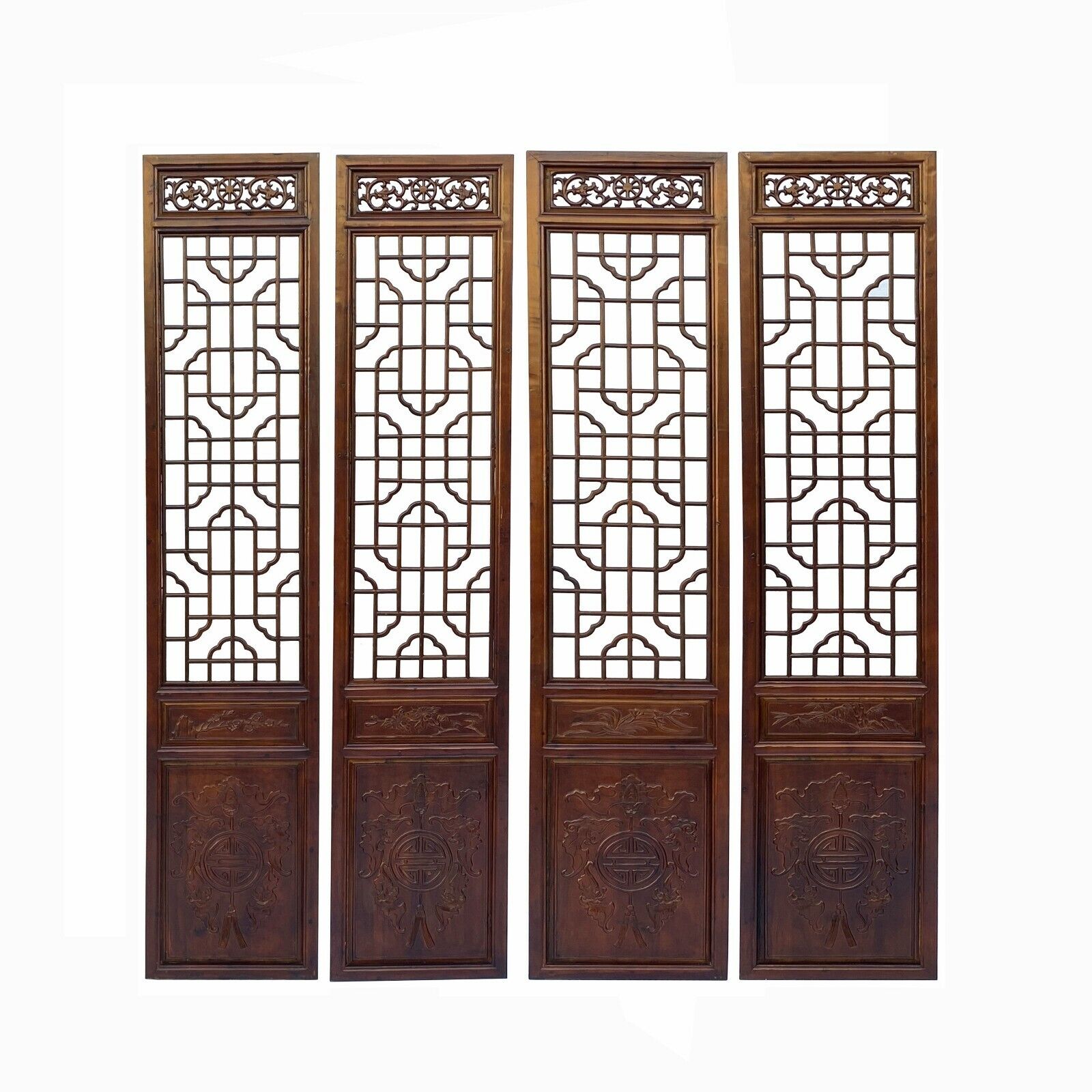 Chinese Brown Geometric Pattern Theme Wood Panel Floor Screen 4pcs cs7054 Unbranded