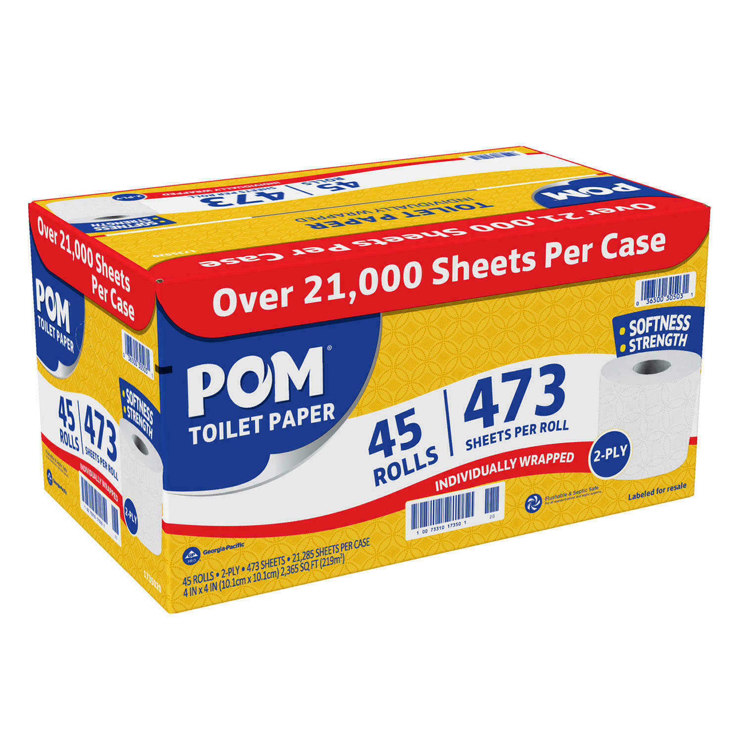 POM™ Embossed 2-Ply Toilet Paper, White, 45 Rolls, 473 Sheets/Roll White 662368