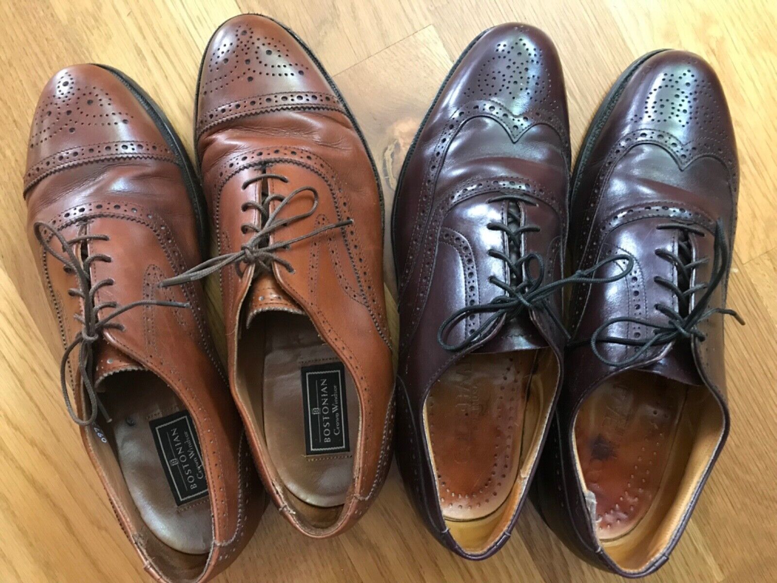 (2 pairs) classic men’s formal leather Brogue shoes brown/burgundy size 9 1/2  Bostonian, Cole & Haan