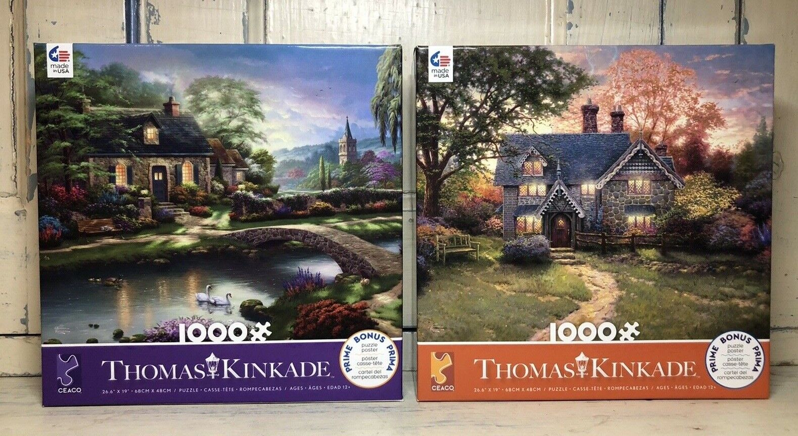 Lot of 2 1000 Piece Thomas Kincade Ceaco Puzzles Gingerbread and Stony Creek  Без бренда