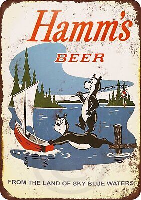 1956 Hamms Beer Bears Fishing Reproduction Metal Sign 8 x 12 Custom Kraze