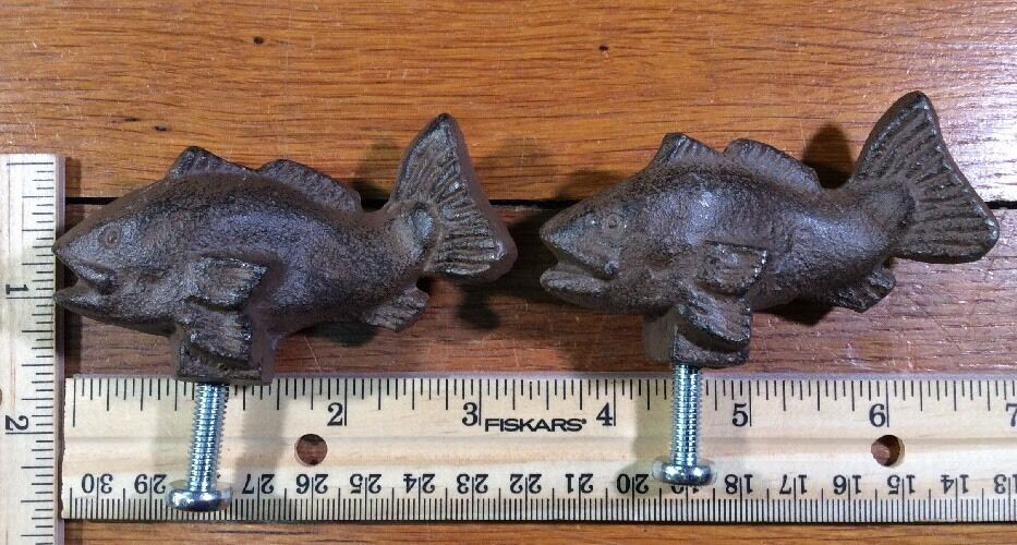2 FISH Cast Iron Antique Style RUSTIC Handle Knob Pull Door Drawer Fishing Без бренда - фотография #4