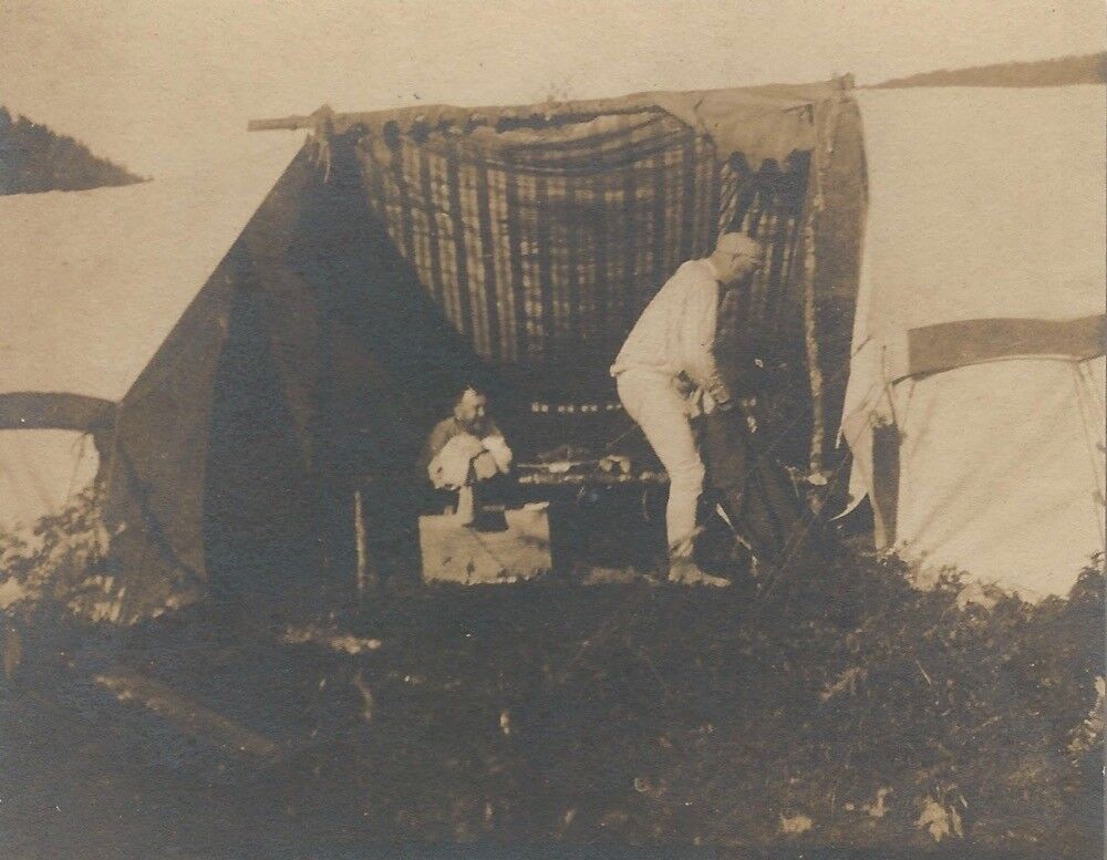 1900s Camper in Long Johns Gets Dressed Outside His Tent Cabinet Card Без бренда