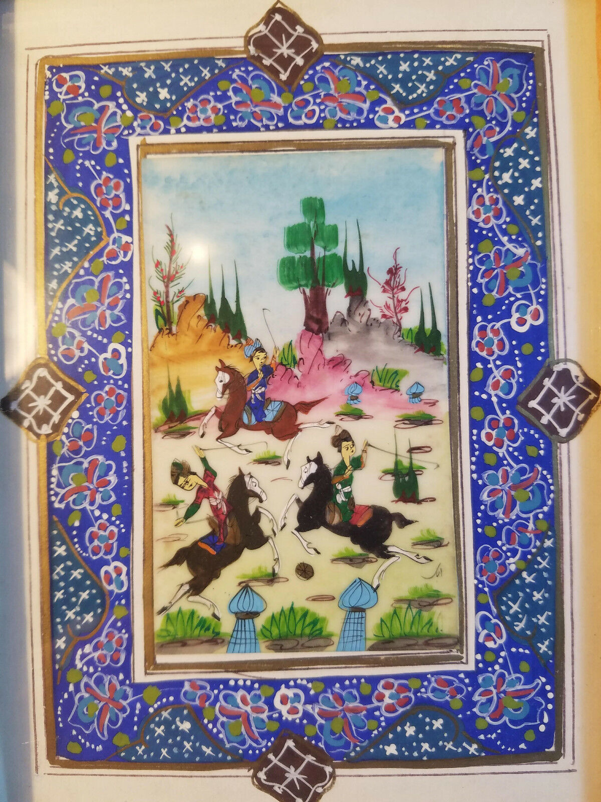 Lot of 2 Vintage Persian Equestrian Paintings in Wooden Khatam Inlay Frames Без бренда - фотография #3