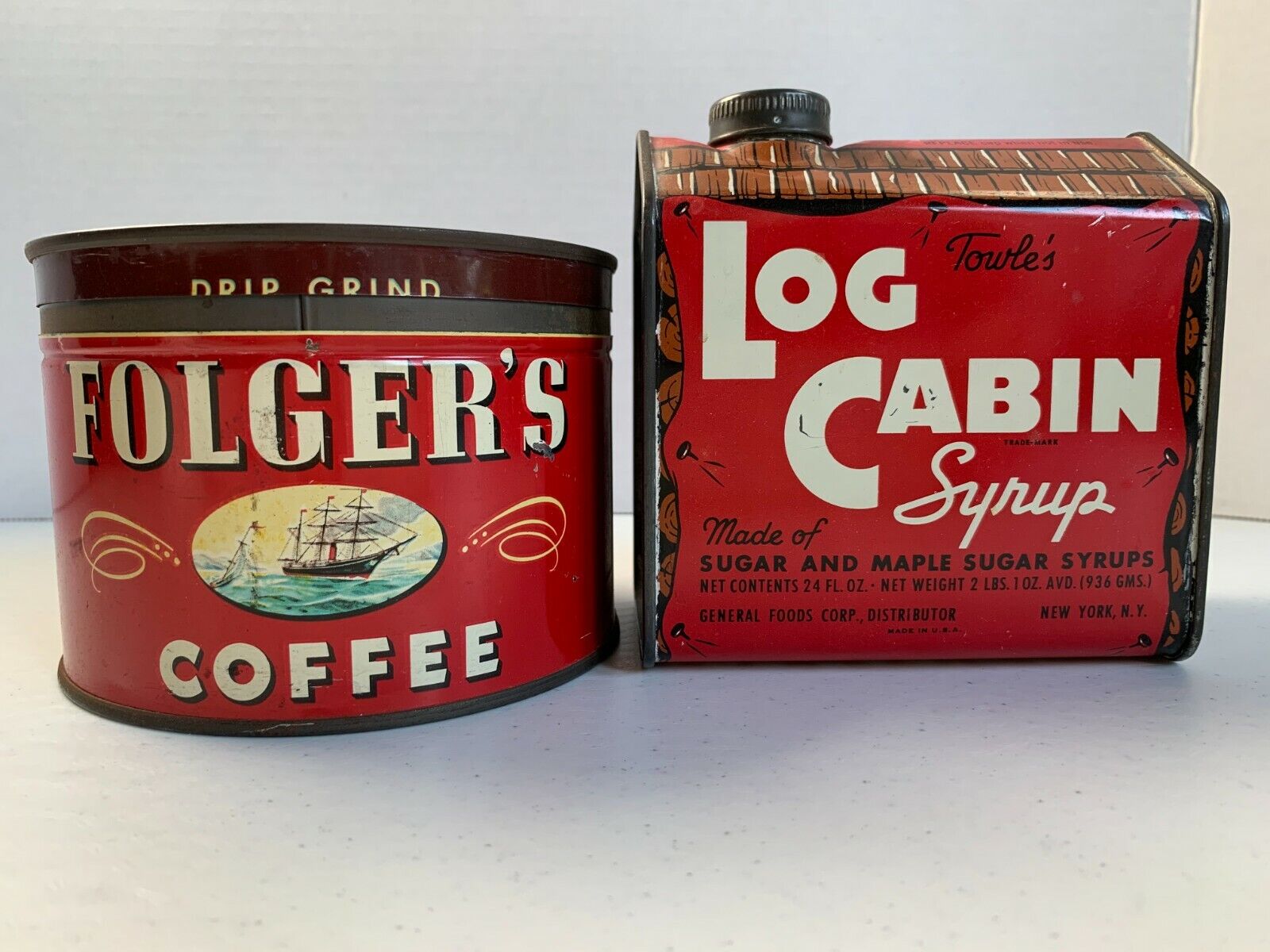 Vintage Folger's and Log Cabin Syrup Tin - Lot of 2 Folgers Log Cabin