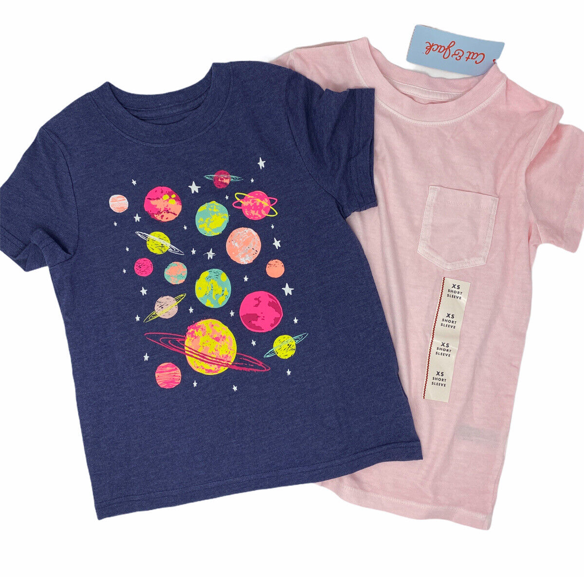 2 Girls Cat & Jack Size XS 4/5 Short Sleeve T Shirts Planets Blue Plain Pink   Cat & Jack