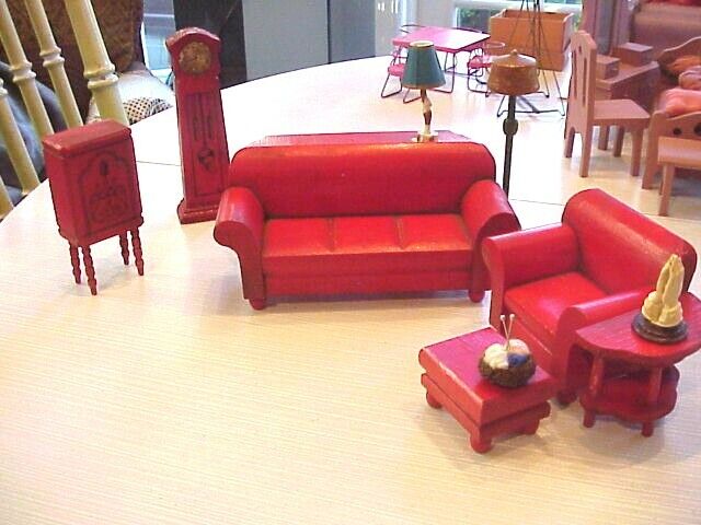Doll House    Strombecker Seven Piece Red antique living room set Strombecker