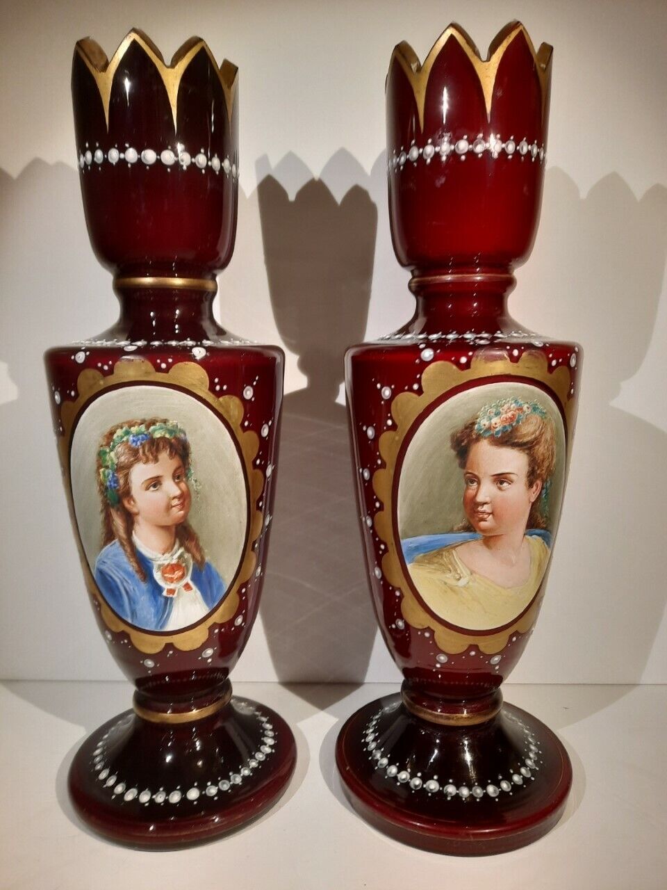 Pair of Antique Moser CASED 19th century Hand made  Portrait vases. Handmade