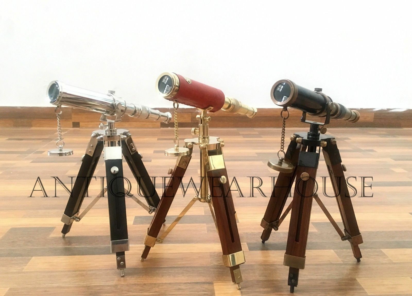 SET OF 3 Handmade Solid Brass Pirate Spyglass Telescope With Wooden Tripod Decor Без бренда - фотография #4