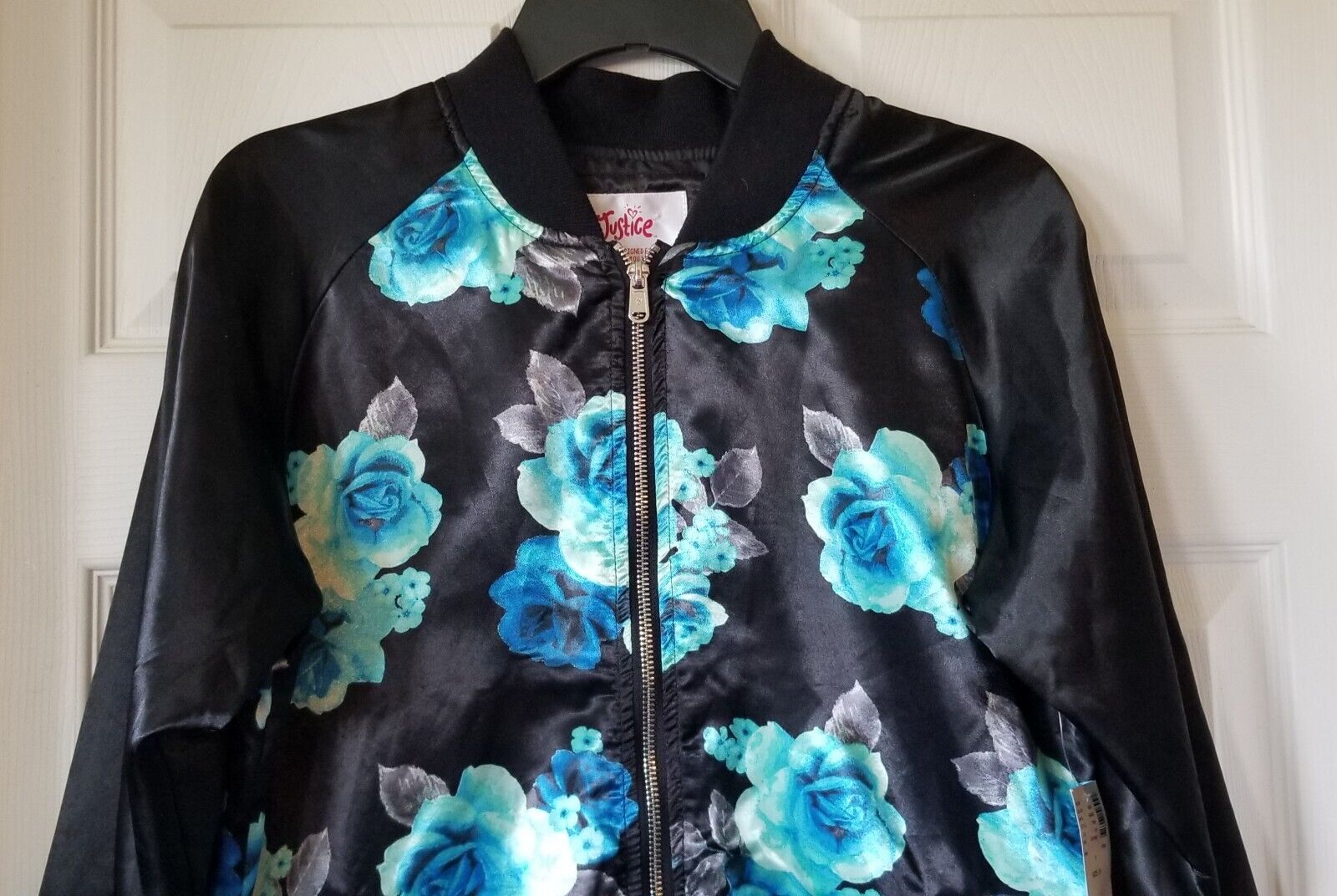 JUSTICE Girls Black and Teal Floral Satin Zip Front Bomber Jacket Size 20 - NWT Justice - фотография #2