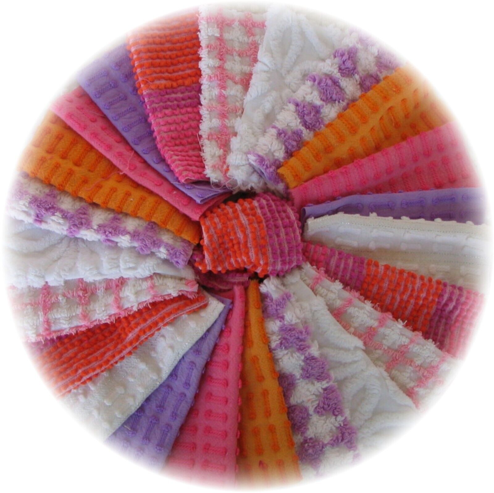 Vintage Chenille Bedspread Quilt Fabric Square Block Kit 16 6in Pink Purple Oran Morgan Jones, Hofmann Daisy, Bates