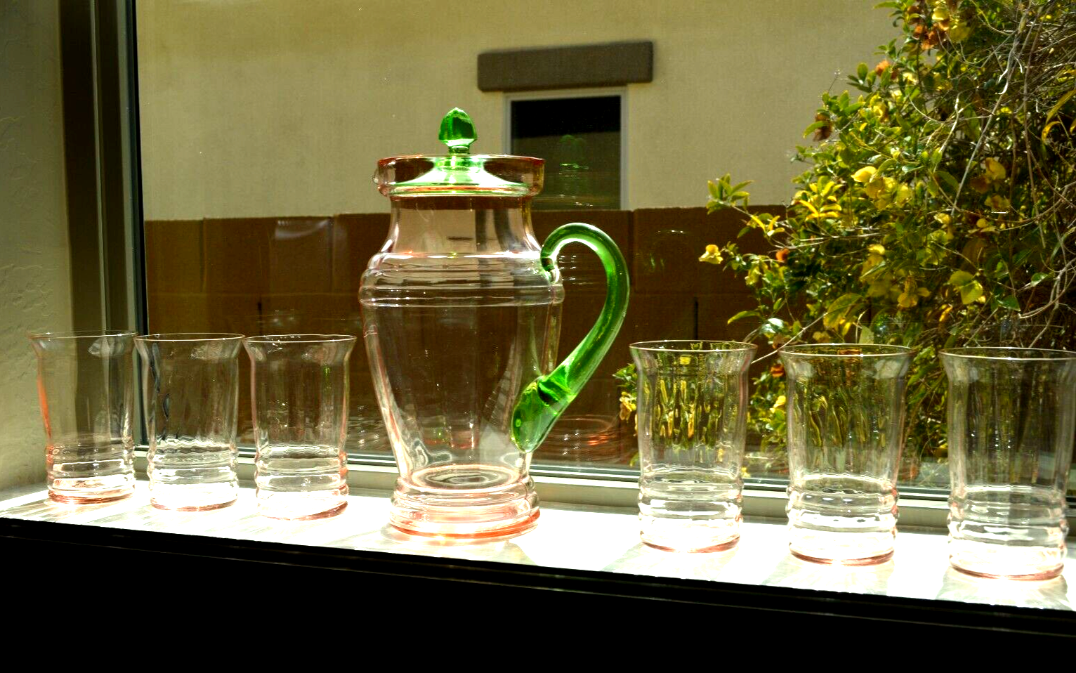 Louie Weston Tiffin WATERMELON Pitcher +6 glass Tumbler Set Ribbed Optic Uranium Weston, Louie, Tiffin, or West Virginia Specialty Glass Co Pitcher /Jug and Tumblers Set - фотография #3
