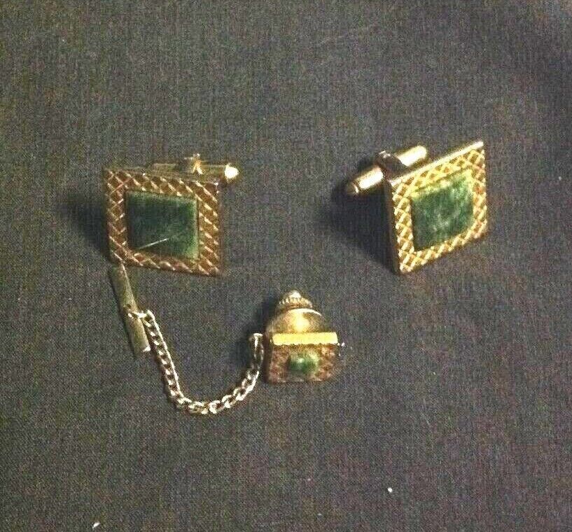 Cufflinks and tie-tack set, gold tone metal with green marble-like stone Unbranded