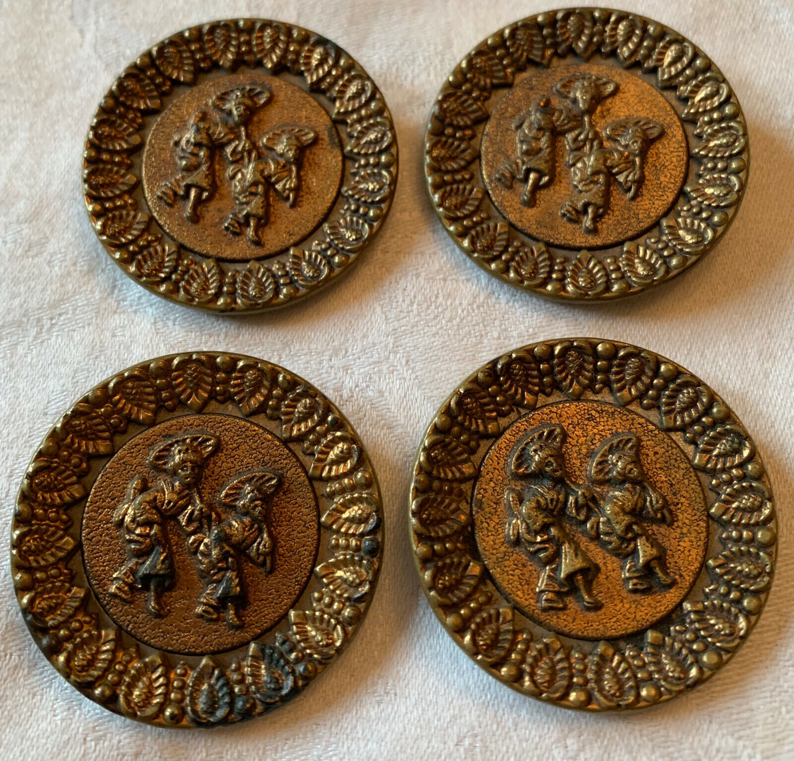 Buttons Set 4 Asian Storybook Brass Large Button People Umbrella Parasol Без бренда