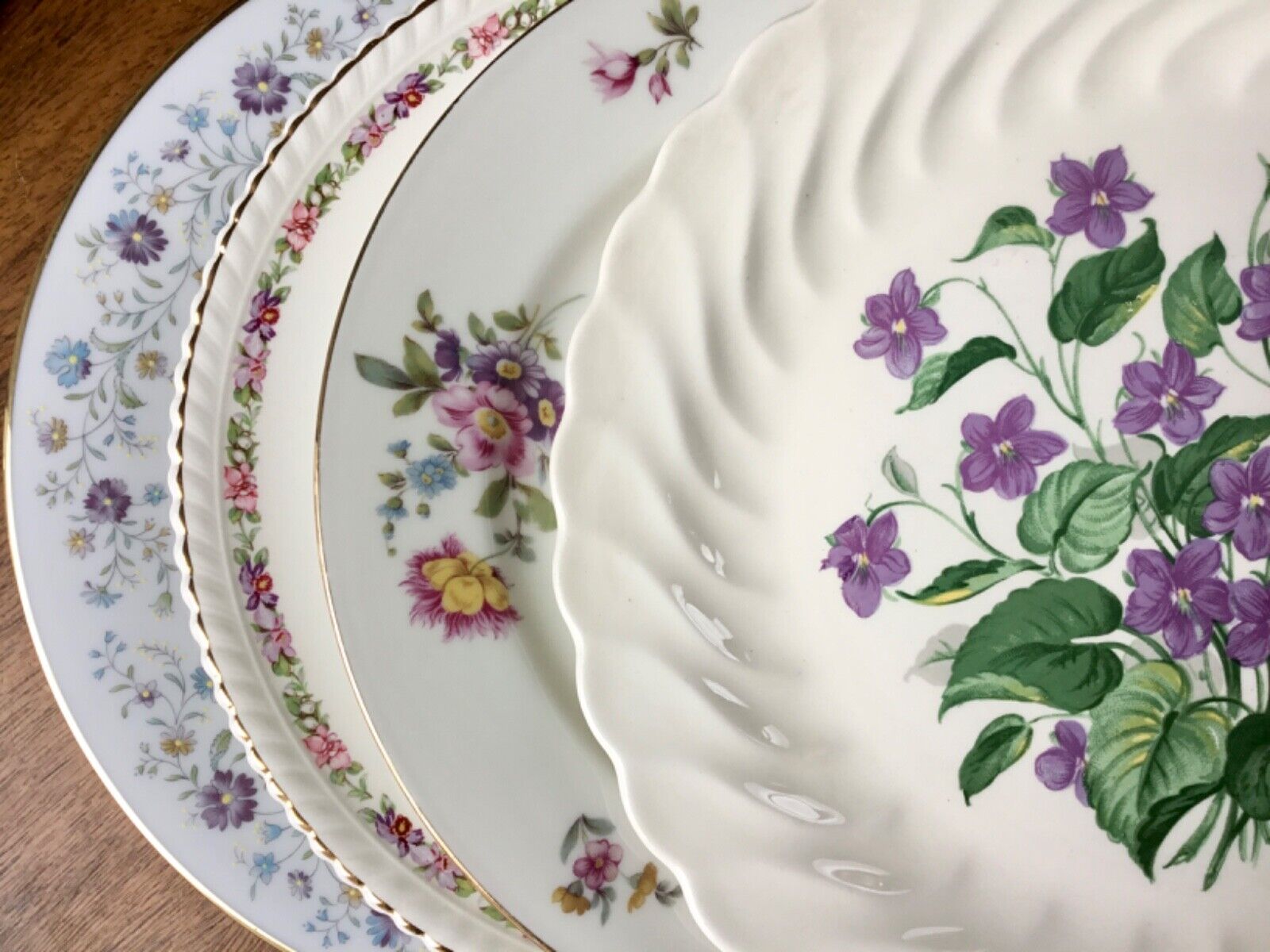 Vintage Mismatched China Dinner Plates ~ Set of 4 ~ Purple & Pink Florals Multiple Dinner plate