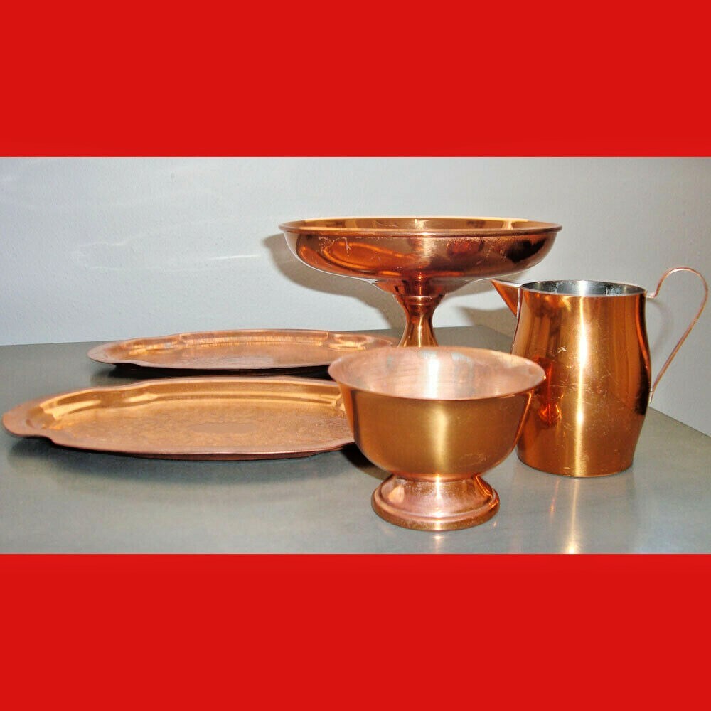 1960s 5 Piece Copper Lot RoseMar Creamer Sugar Bowl 2 Trays Footed Dessert Dish Без бренда - фотография #6