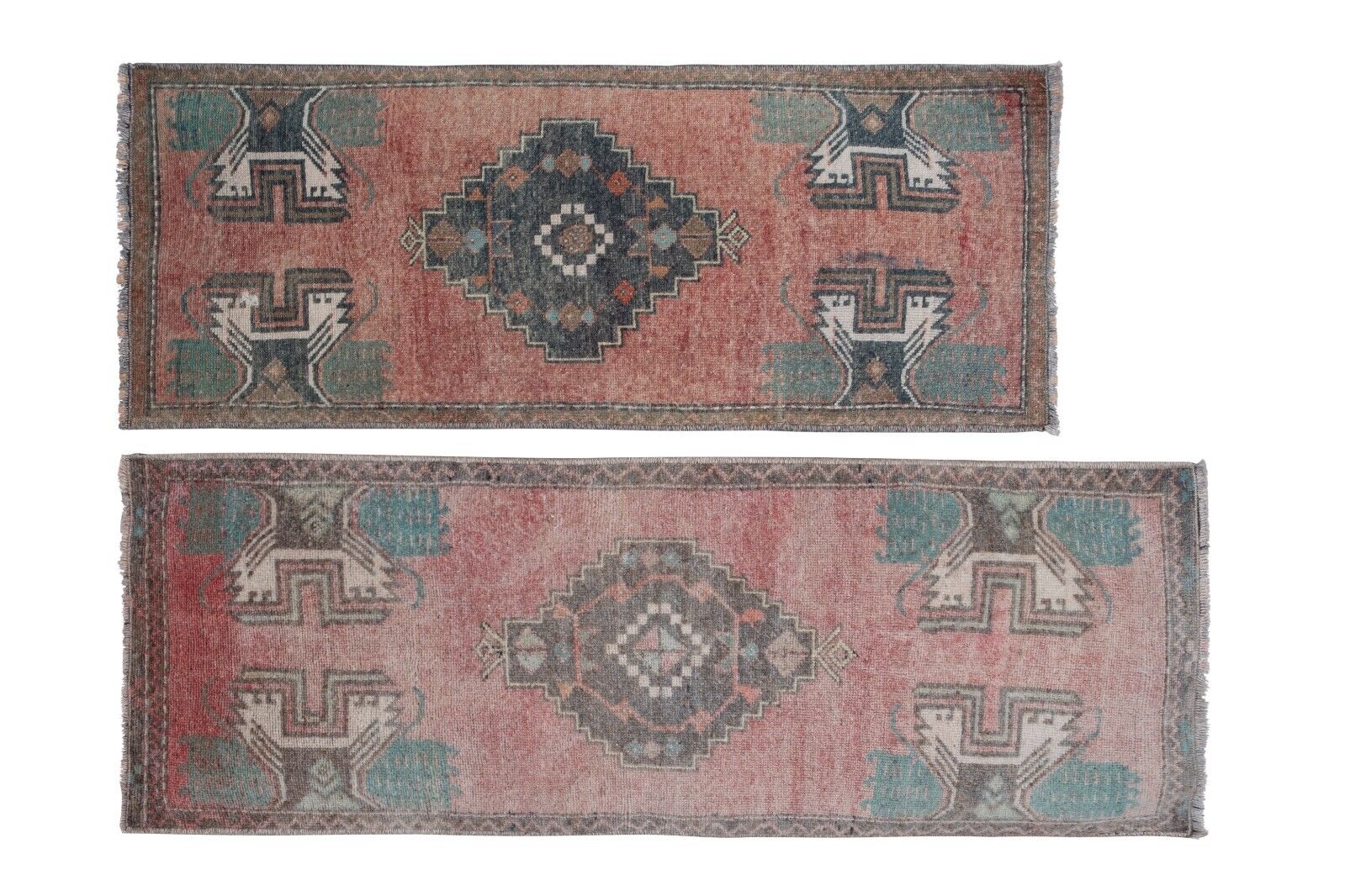 Pair of Vintage Turkish Oushak Yastik Scatter Rug - Faded Tribal Carpet Handmade Runner Rug - фотография #2
