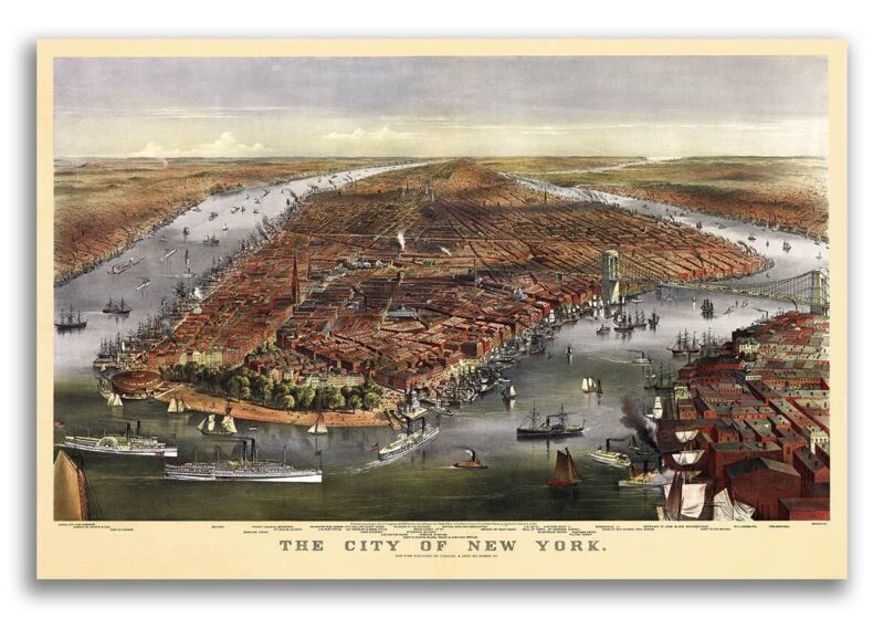 1870 New York City, New York Vintage Old Panoramic NY City Map - 16x24 Без бренда