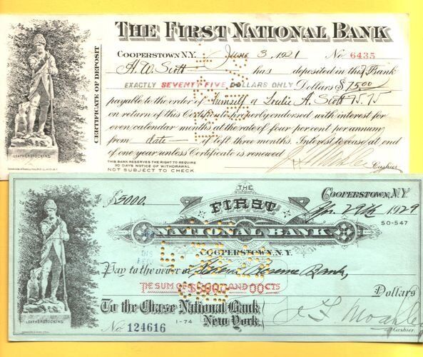 FNB COOPERSTOWN NY BLUE BANK DRAFT + RARE WHITE CERTIFICATE OF DEPOSIT @ $1.99!! Без бренда