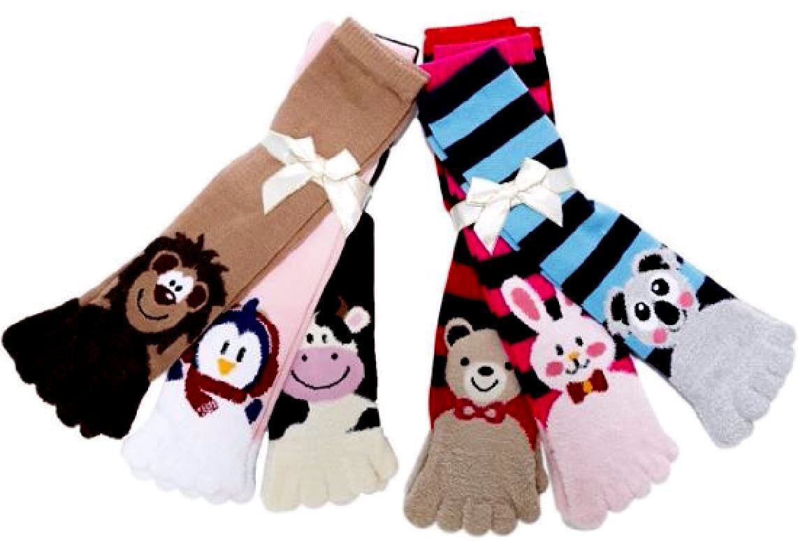 3 Pairs Fuzzy Animals Toe Socks Calf Length Funny Feet Striped #30701 Size 9-11 Mopas