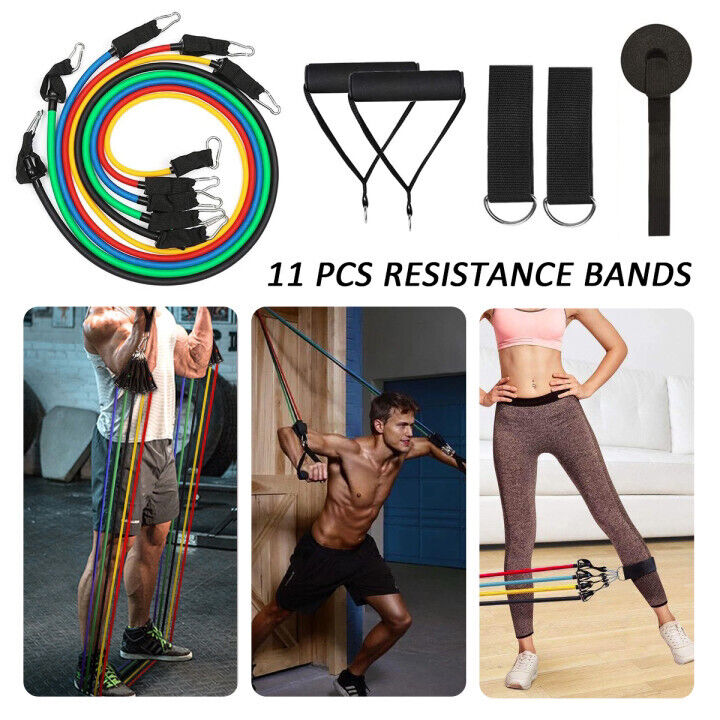 【11 Pcs Resistance Band】Set Yoga Pilates Abs Exercise Fitness Tube Workout Band JAXPETY 002910