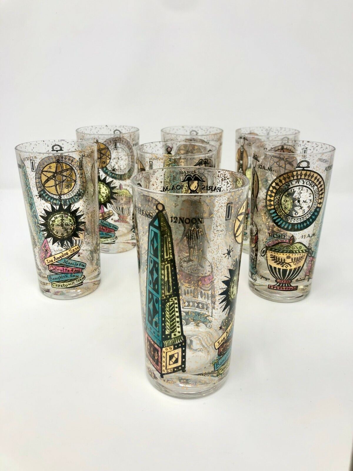 Vintage Georges Briard MCM Clear World Time Glasses Gold Confetti Set of 7 Rare Без бренда