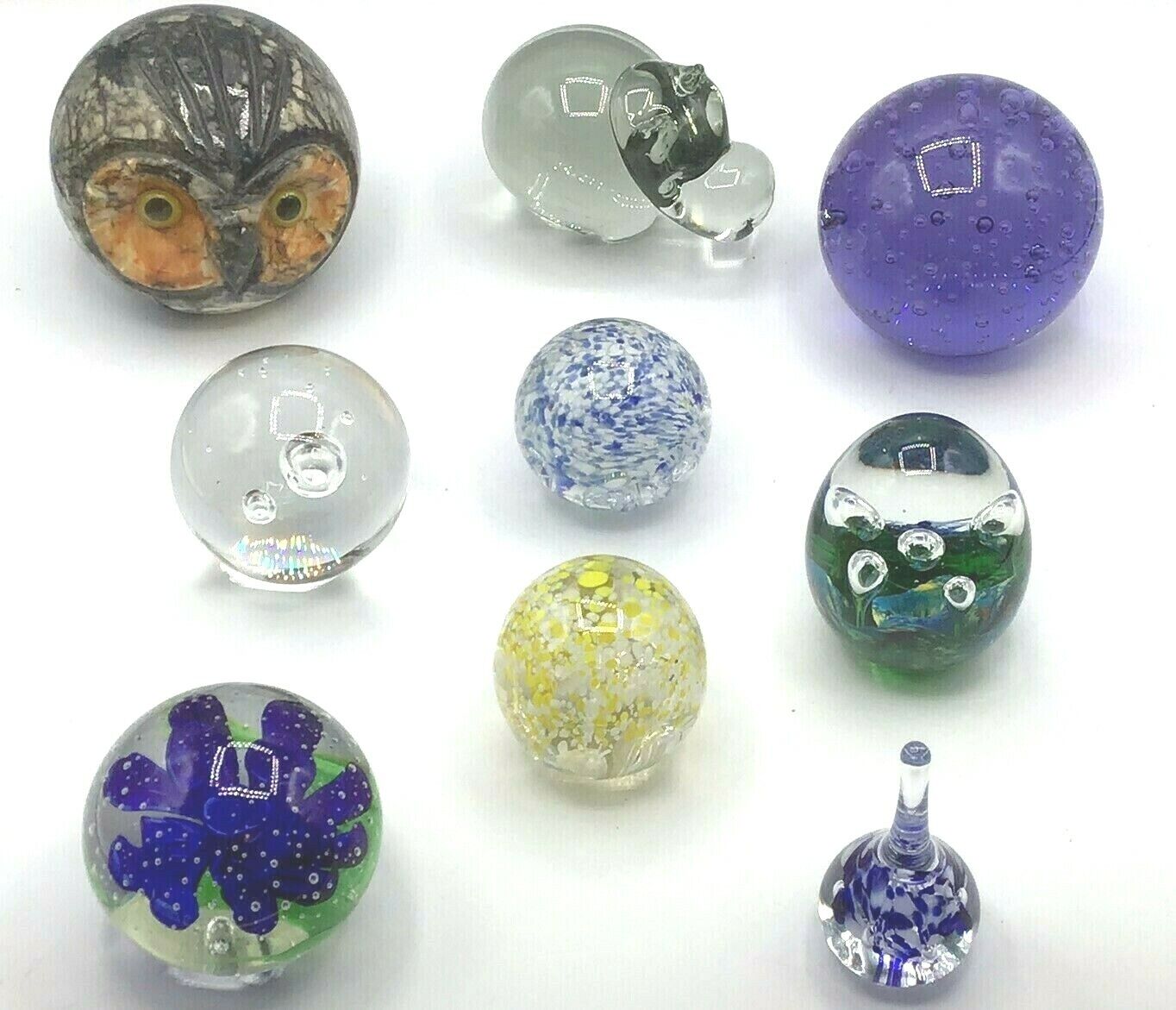Lot of 9 Orb Ball Globe Teardrop paperweights - Gorgeous, Gibson, Owl, Hippo,  Без бренда