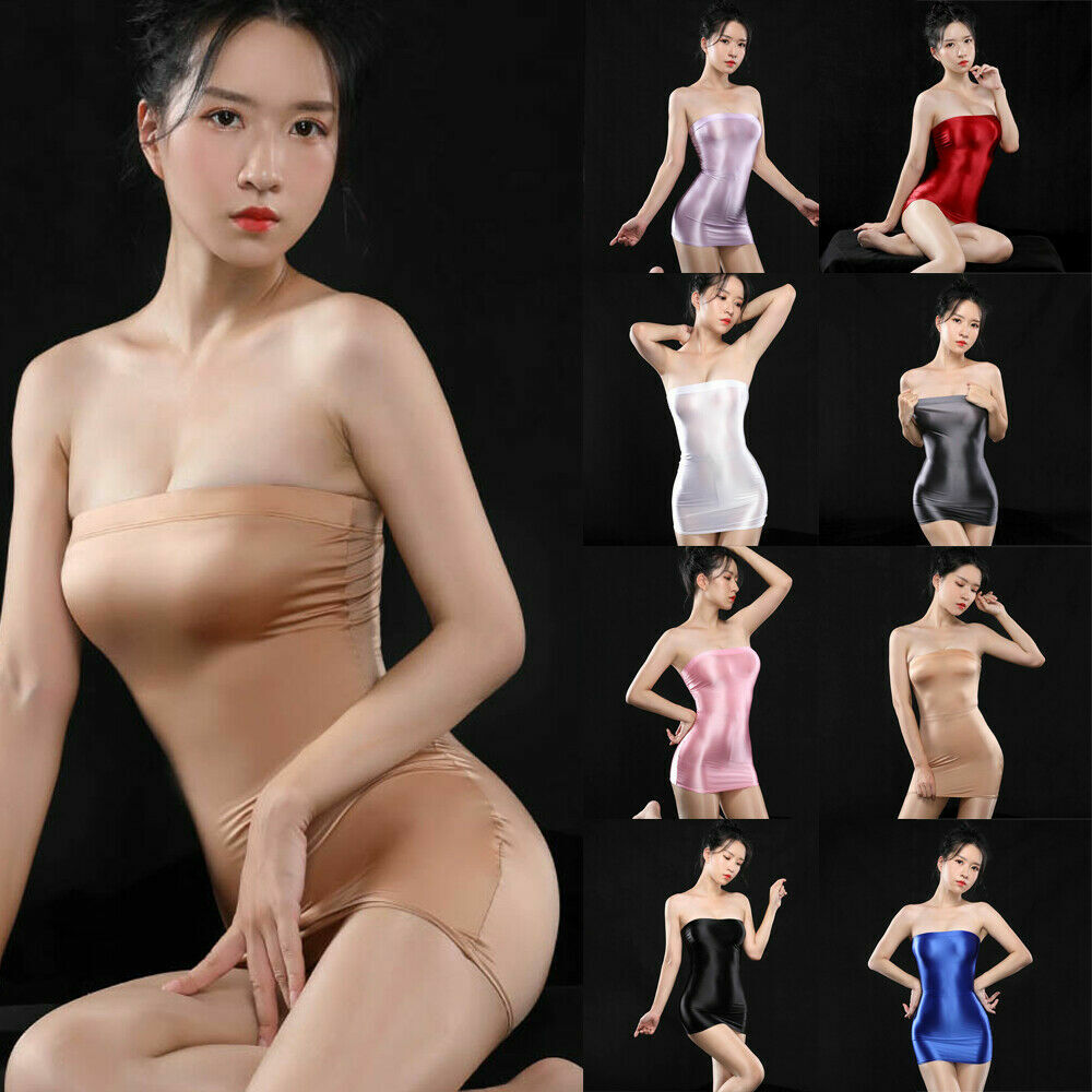 US Sexy Lingerie Women Bodycon Dress Tube Top Mini Dress Shiny Silky Clubwear Unbranded - фотография #4