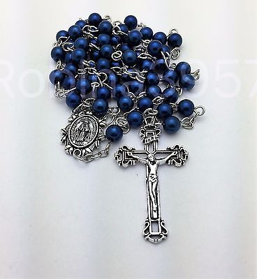 Miraculous Center Traditional Crucifix Sapphire Blue Pearl Catholic Rosary Beads Без бренда - фотография #2