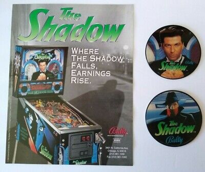 The Shadow Pinball FLYER and 2 Promos Alec Baldwin Plastic Coasters Original NOS Bally The Shadow