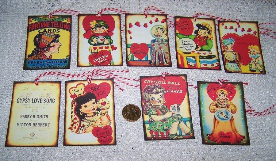 9~Valentine's Day~Vintage~Fortune Teller~Gypsy~Linen Cardstock~Gift~Hang~Tags Без бренда