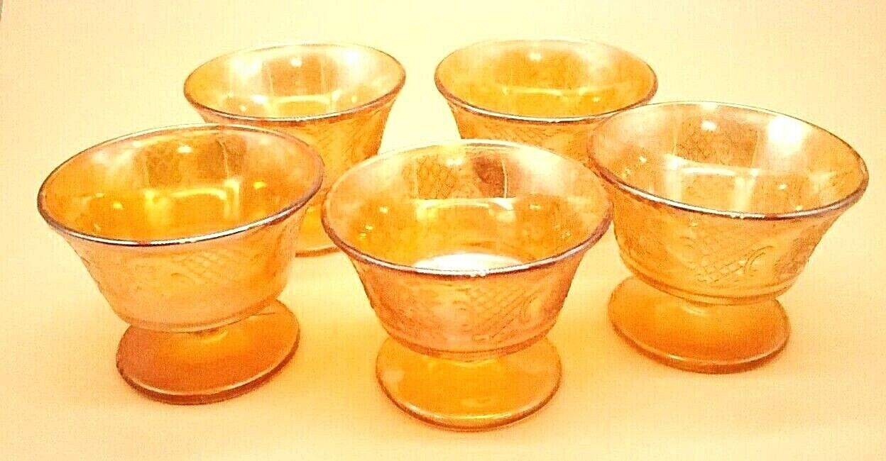 VINTAGE: FEDREAL - MARIGOLD CARNIVAL GLASS -NORMAMDIE SHERBERT GLASSES (5) Indiana Glass GLASSES