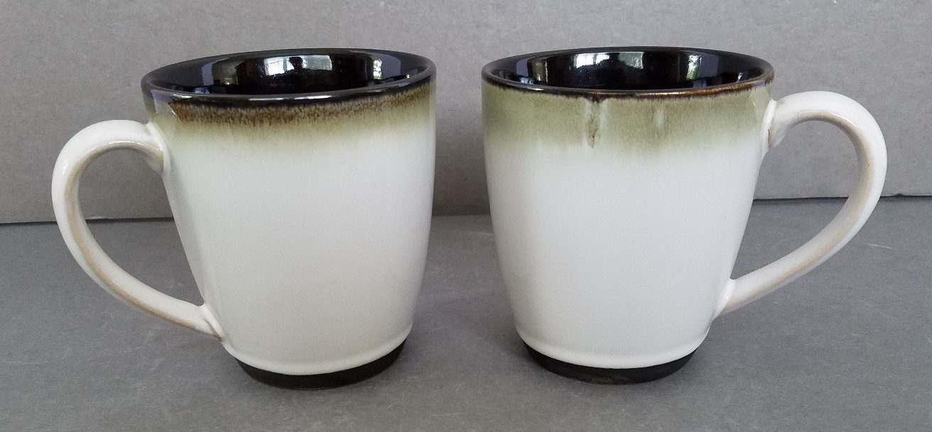 2 Sango NOVA BLACK 4932 12 oz 4" Coffee Mugs Grayish White MINT Sango 4932