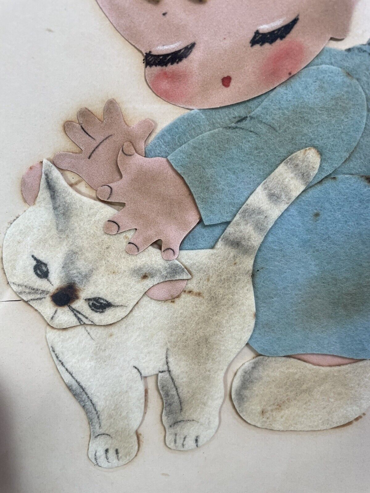 1950's Vintage Set of Felt Wall Art Boy w Cat Girl with Dog Framed 12.5 x 9.5" Unbranded NA - фотография #9