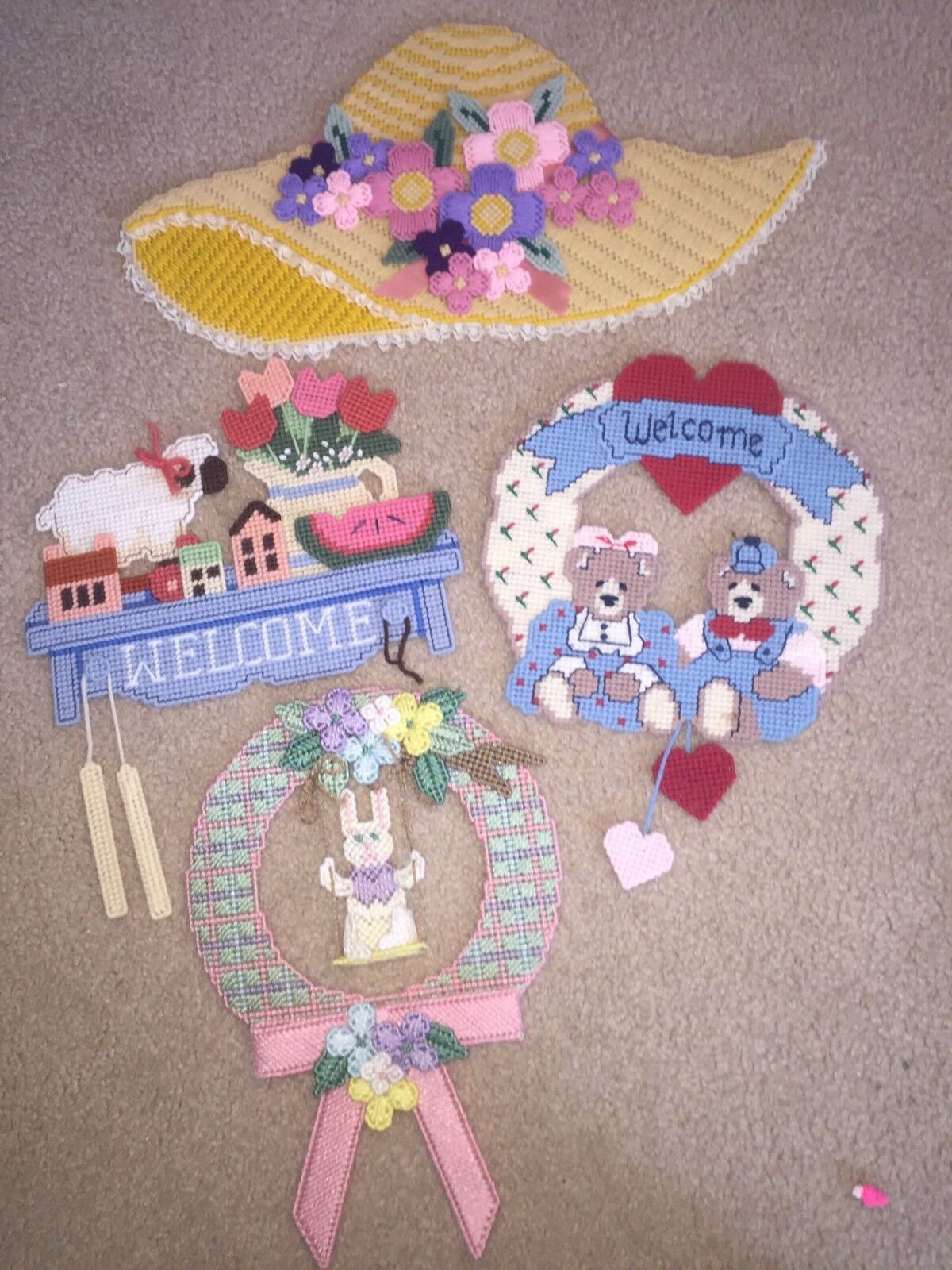 Lot Of 4 Vintage Plastic Canvas Wall Door Hanging Needlepoint Spring Wreath Rare Needlepoint