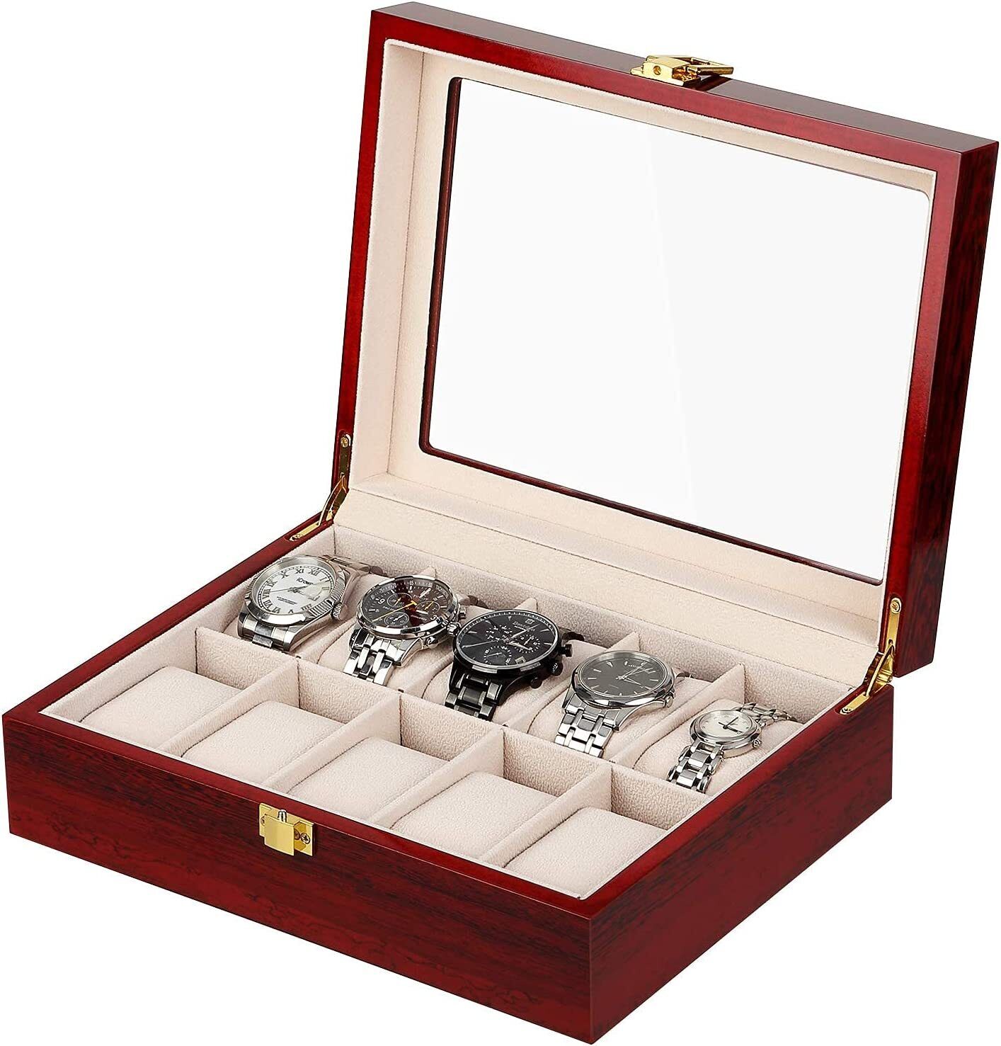 12-Slot Watch Box Wooden Watch Case with Removable Watch Pillow Glass Display NEX Does Not APply - фотография #3