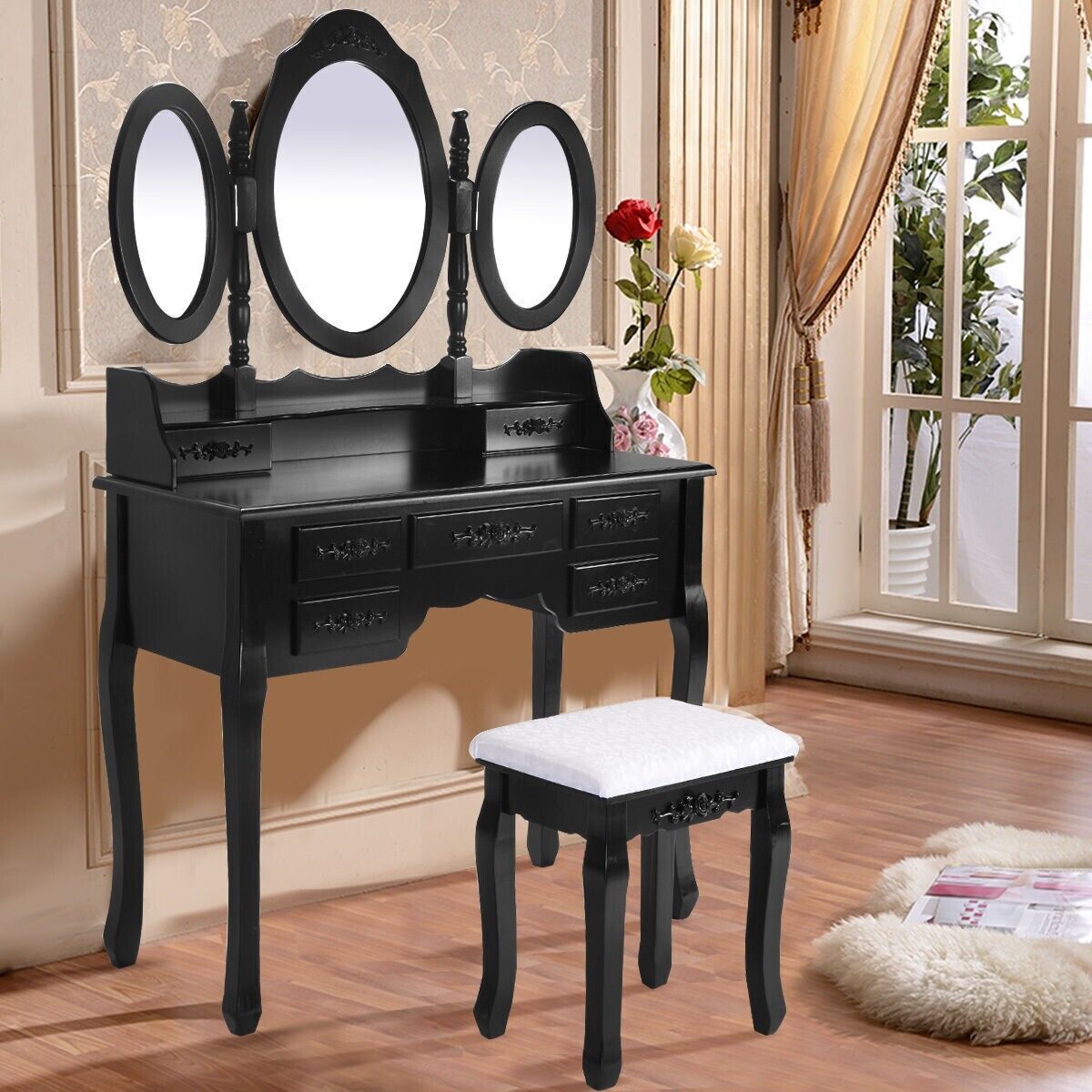 Vanity Desk with Floding Mirror Table Set with 7 Drawers Makeup Dressing Table Unbranded