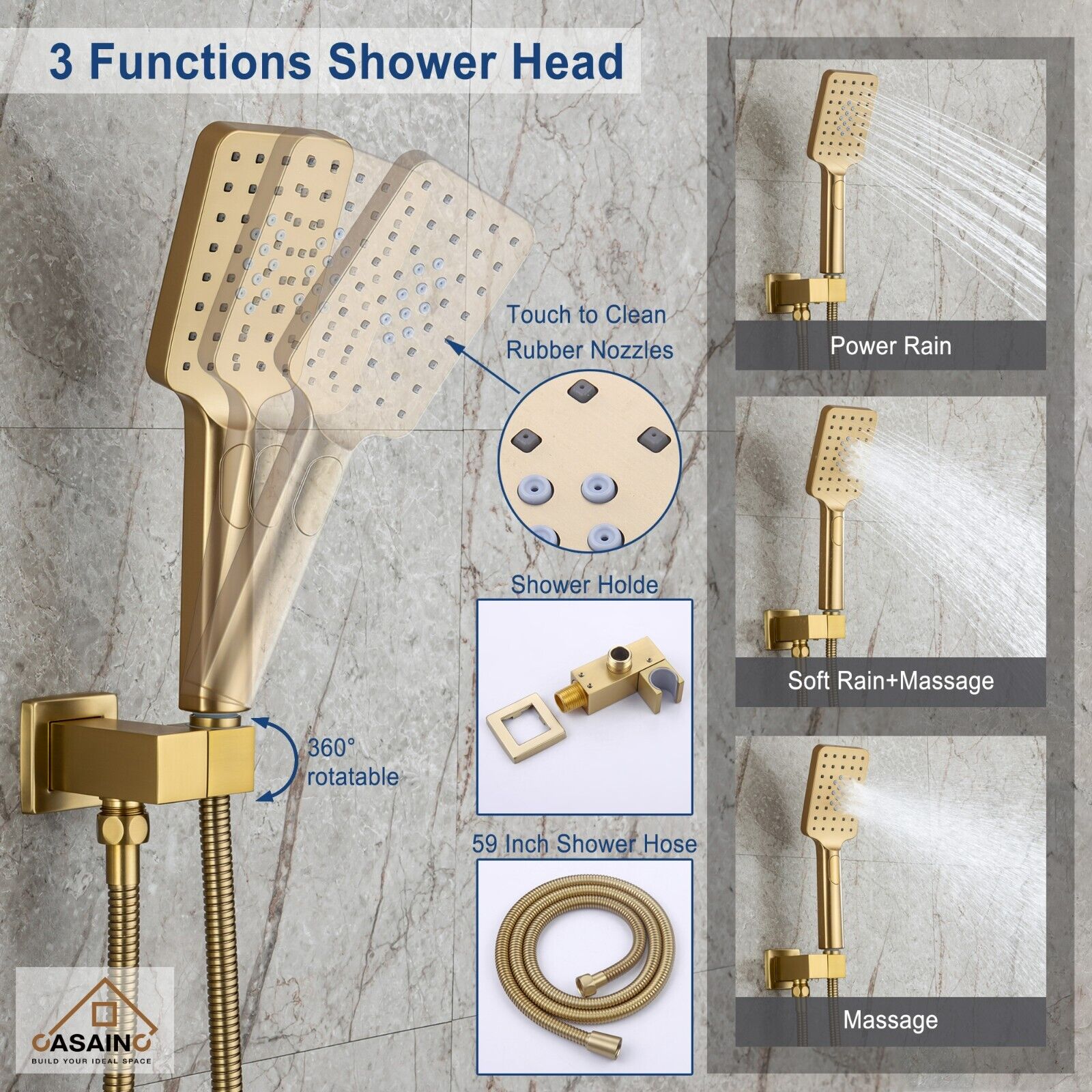 CASAINC Brushed Gold Dual Head Waterfall Shower Bar System with 3-way Diverter CASAINC - фотография #5