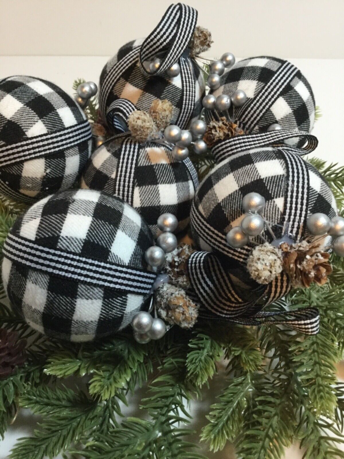 6 Farmhouse Ball Christmas Tree Ornaments -Buffalo Plaid Black & White Christmas Shoppe n/a