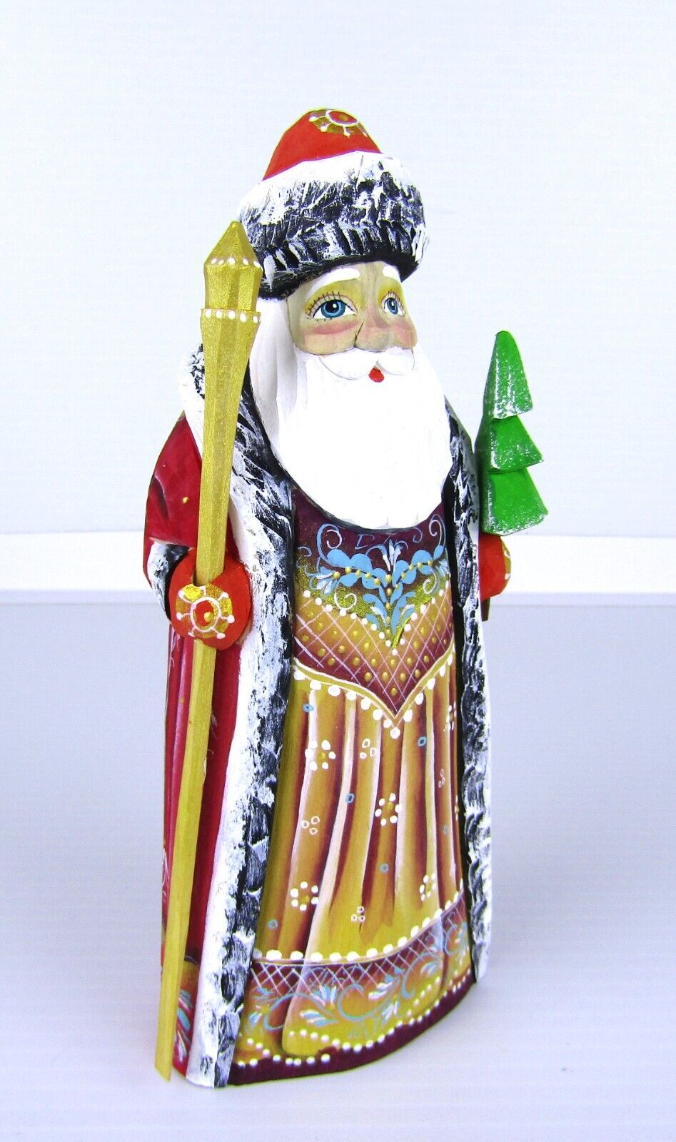 6" Russian Carved Santa Claus Red Figure Tree Staff Hand Made Linden Christmas Без бренда