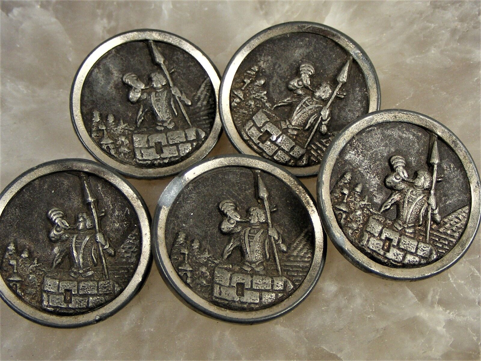 Antique Brass & Pewter Coat Story Book BUTTON Lot o 5 Soldier Castle Wall Spear  Без бренда - фотография #2
