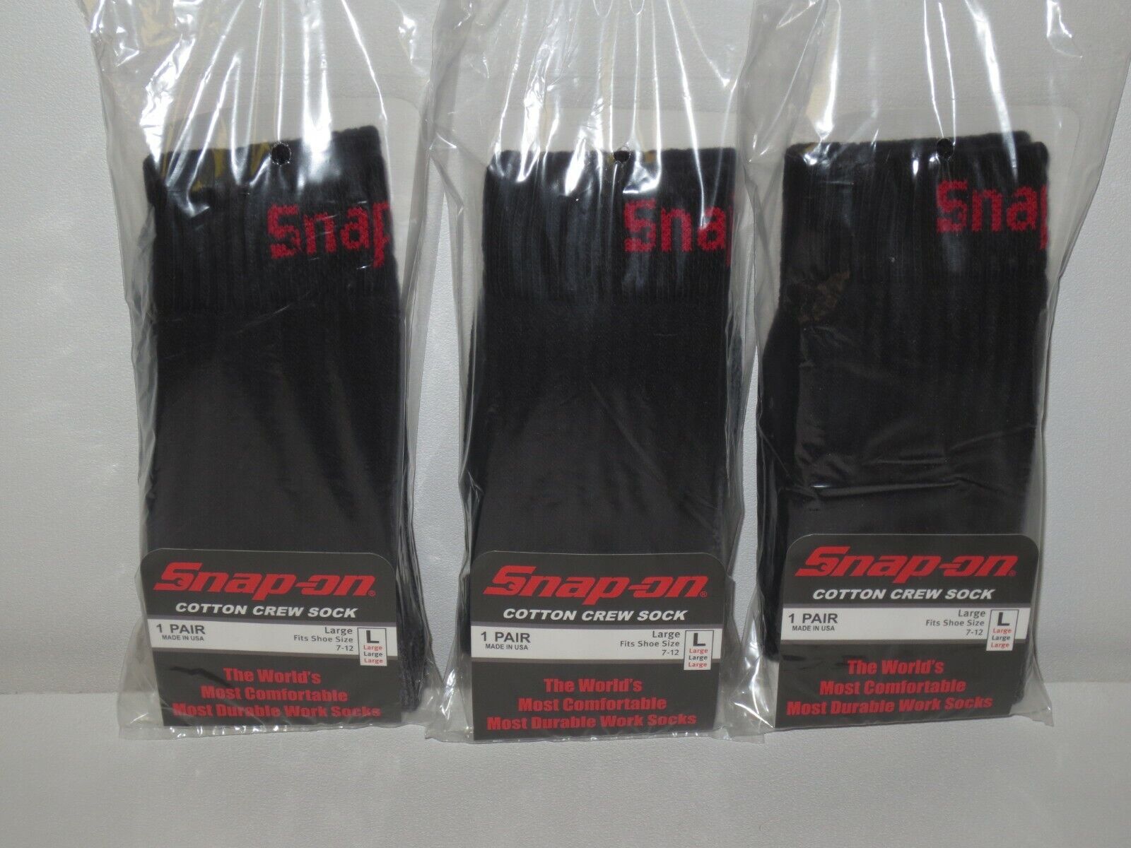 3 PAIRS Men's BLACK Snap-On Crew Socks LARGE ~ FREE SHIPPING ~ MADE IN USA *NEW* Snap-on