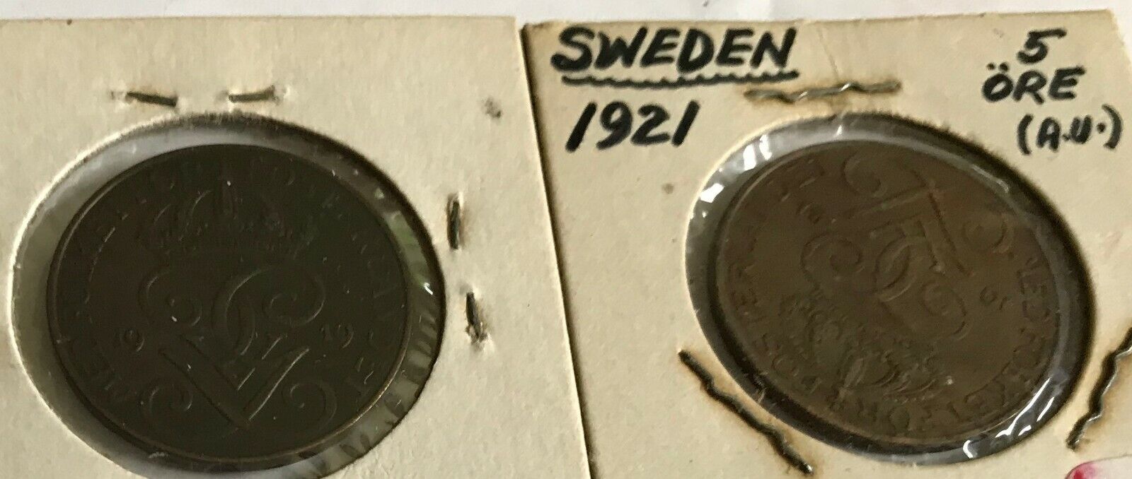 Sweden - lot of 2 coins - 5 ORE - 1919 EF & 1921 AU Без бренда - фотография #4