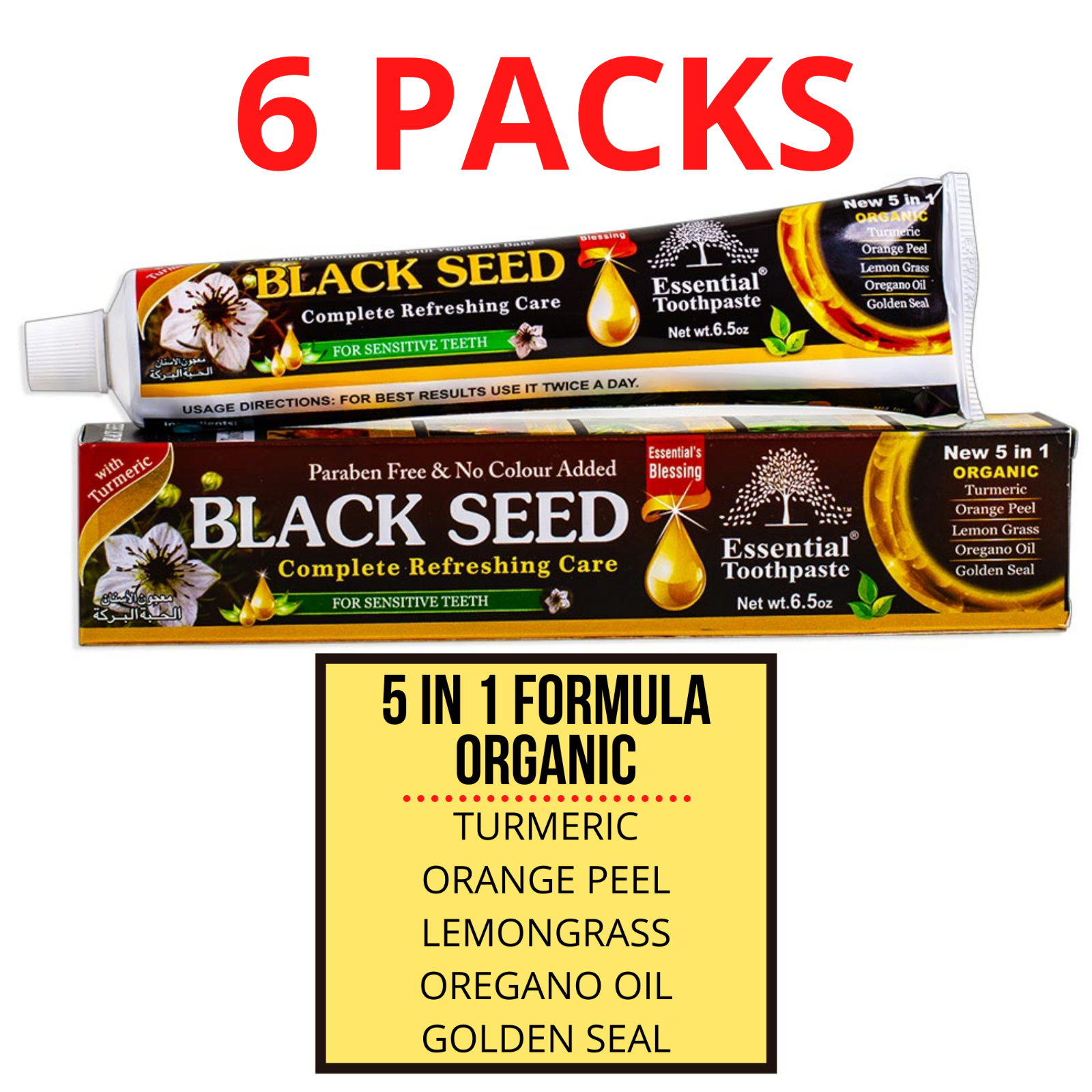6 PACK- BLACK SEED Toothpaste, Natural & Organic Formula, Fluoride Free Essential Palace SEED Toothpaste